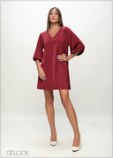 V-Neck Puff Sleeve Shift Dress - 090226