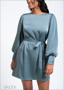 Bishop Sleeved Tie-Up Detailed Satin Dress - 260525