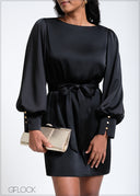 Bishop Sleeved Tie-Up Detailed Satin Dress - 260525