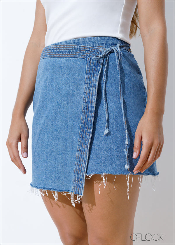 White Denim Faux Wrap Skirt