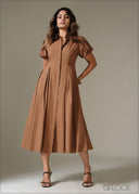 Pleated Puff Sleeve Dress - 281225