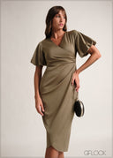 Puff Sleeved Wrapped Midi Dress - 190126
