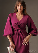 Twisted front knot detailed puff sleeve midi dress