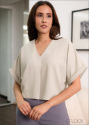 V-Neck Pleat Detail Crop Top - 250823