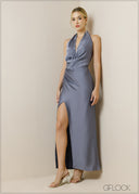 Halter Cowl Neck Pleated Detailed Maxi Dress - 091223