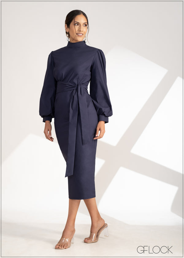 High Neck Waist Tie Up Midi Dress 230323 GFLOCK.LK