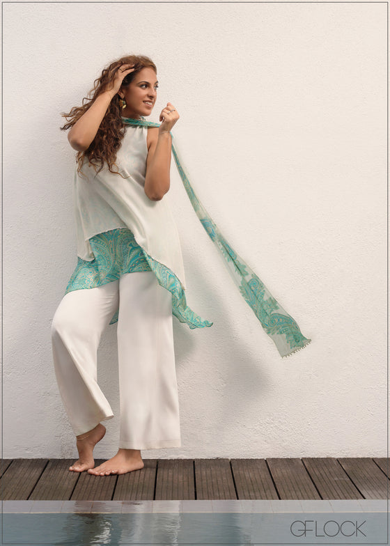 Aqua Hand Embroidered Scarf Top - 231125