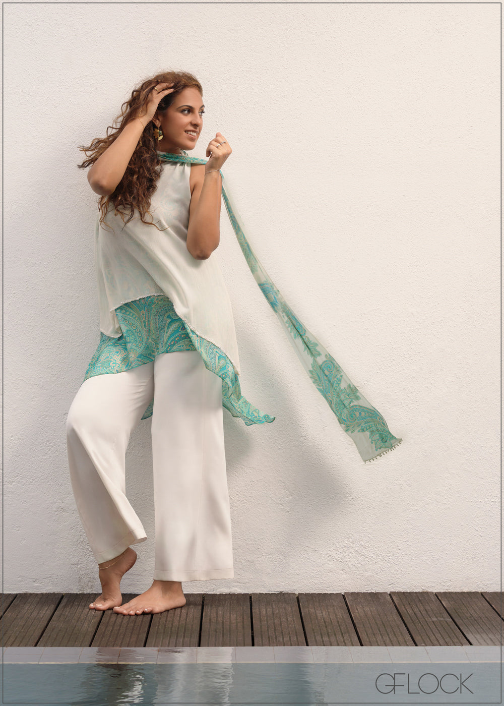 Aqua Hand Embroidered Scarf Top - 231125