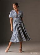 V neck puff sleeve blue printed satin midi dress