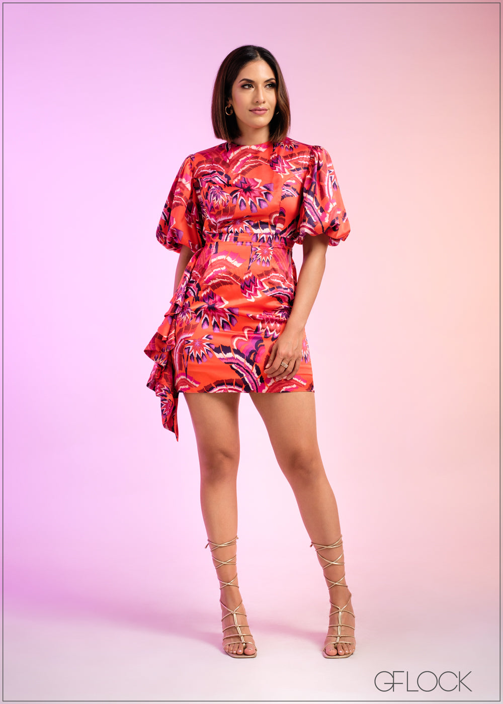 Balloon Sleeve Side Detailed Printed Mini Dress - 290324