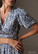 V neck puff sleeve blue printed satin midi dress