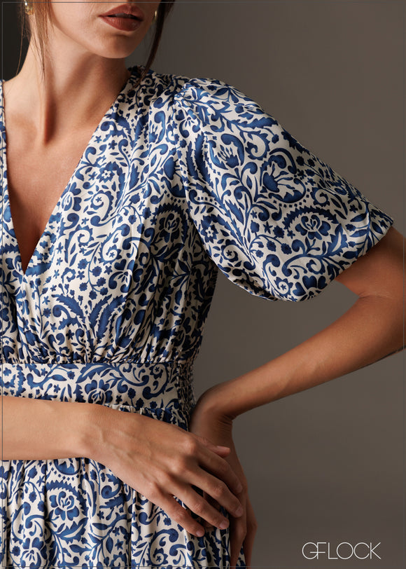 V neck puff sleeve blue printed satin midi dress