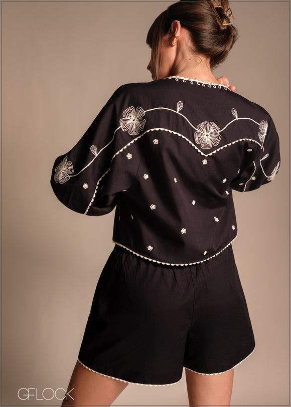 Front Tie Embroidered Top - 231225