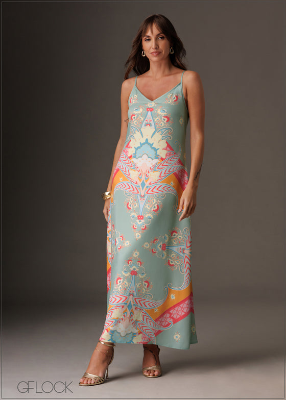Flowy vibrant printed V-neck maxi slip dress