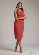 Rust and Black sleeveless midi dress with a collared V-neckline
