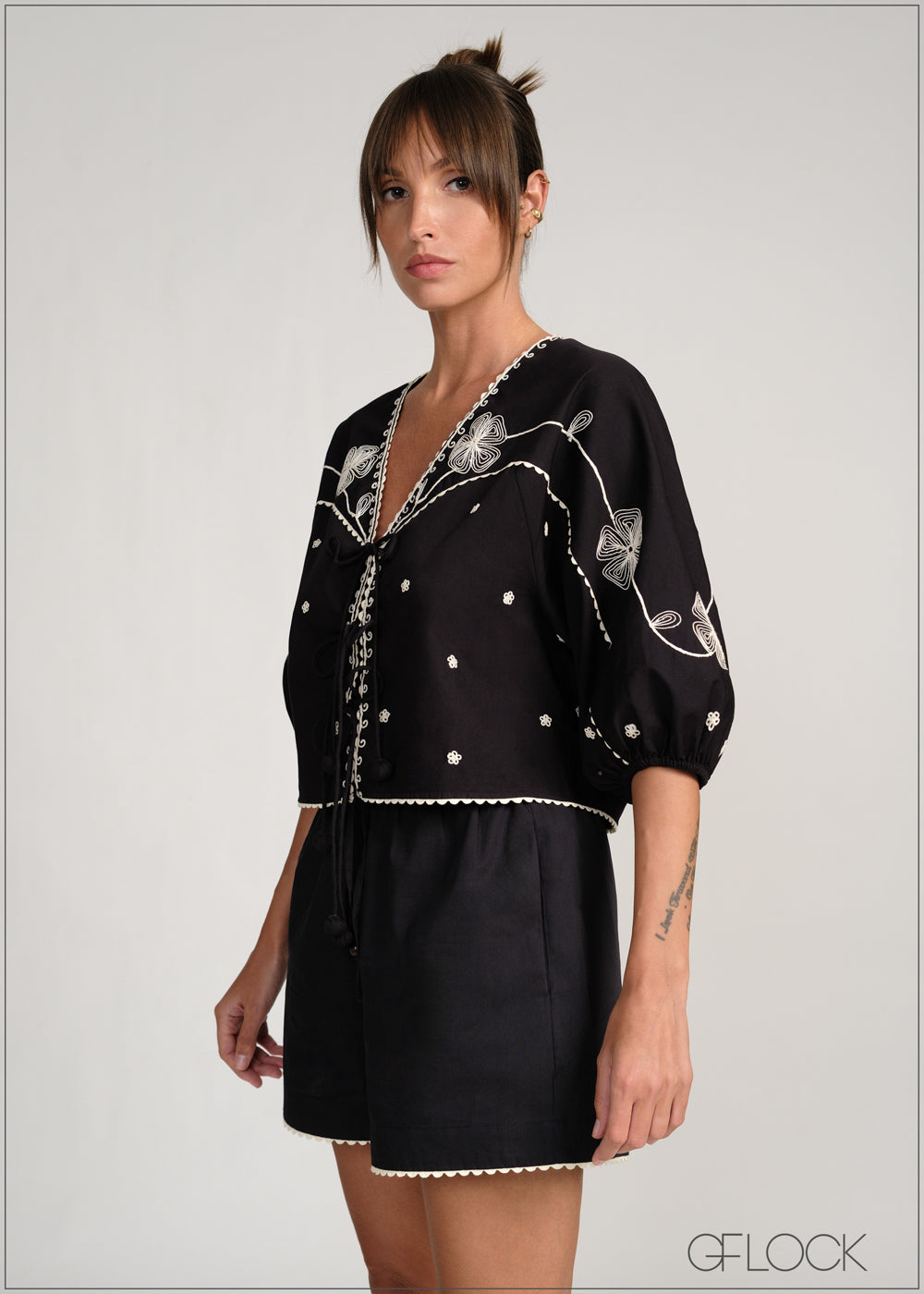 Front Tie Embroidered Top - 231225