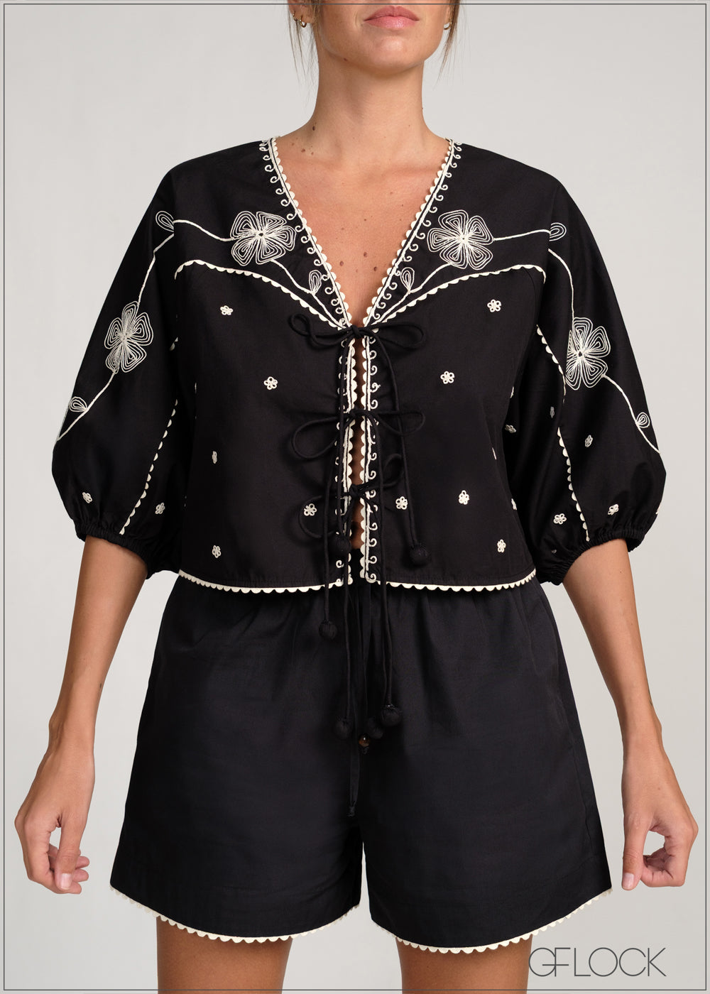 Front Tie Embroidered Top - 231225