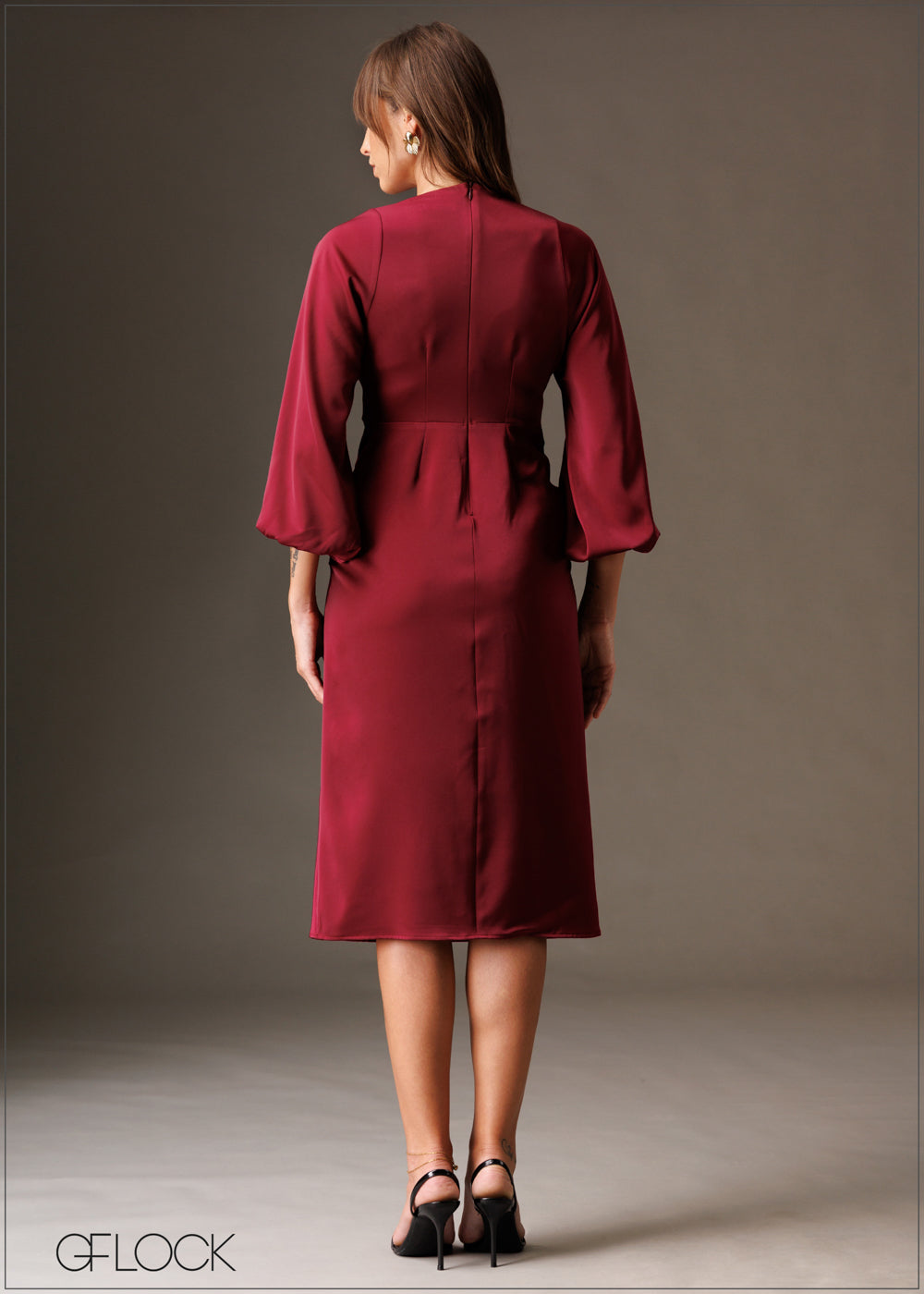 Twisted front knot detailed puff sleeve midi dress