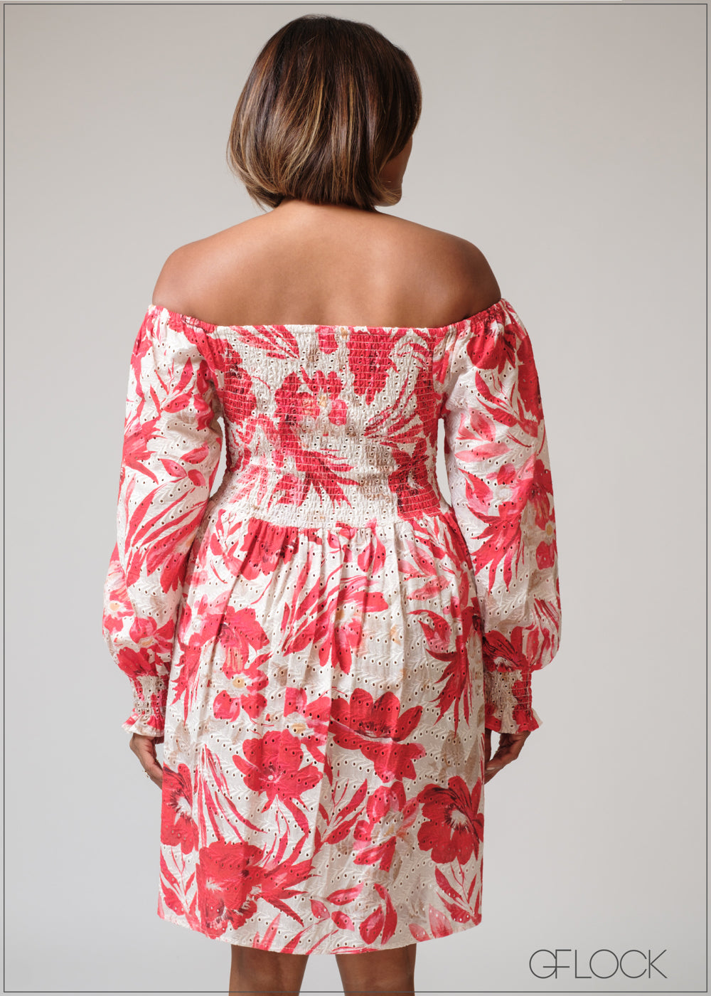 Smocking Detail Printed Embroidery Dress - 230625