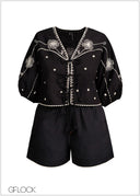 Front Tie Embroidered Top - 231225