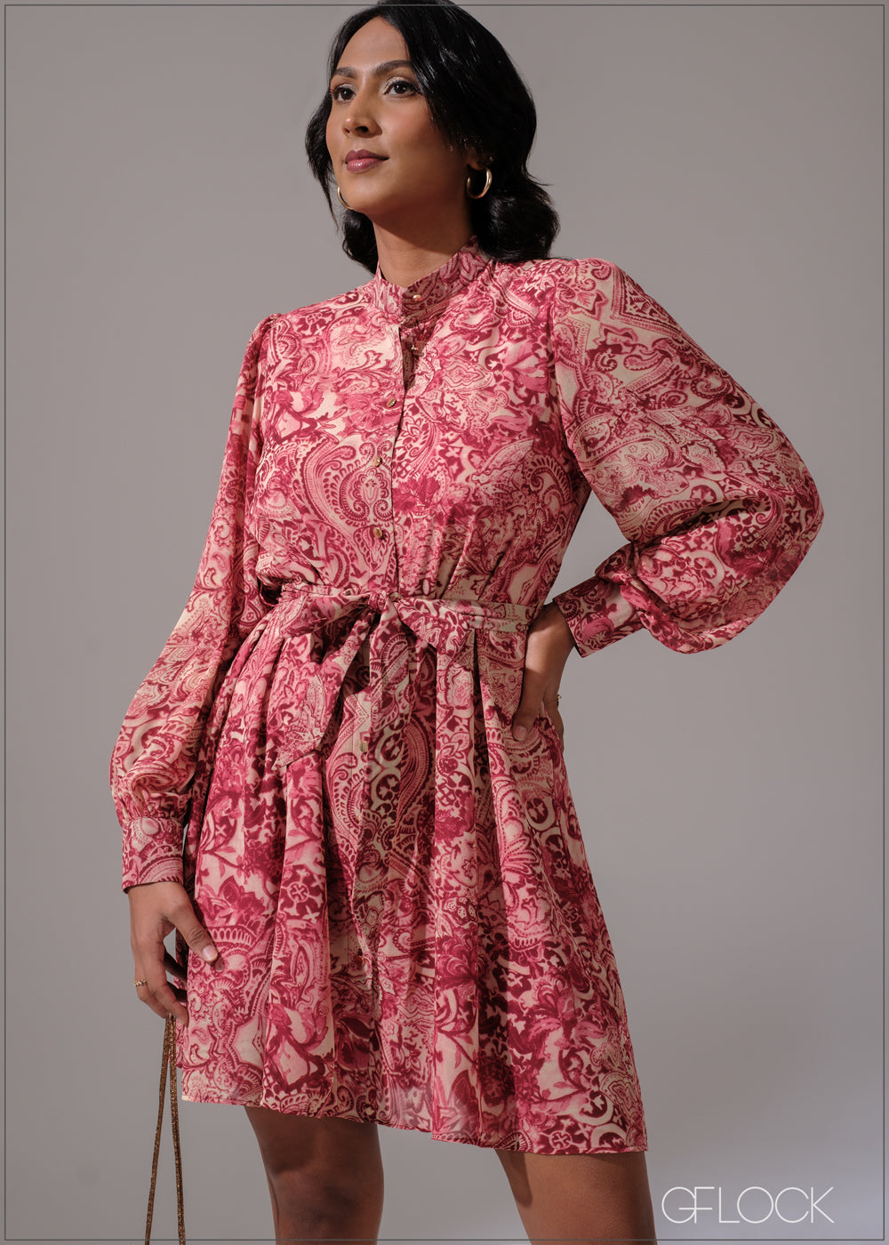 Bishops Sleeves Tunic Collared Midi Dress - 300525