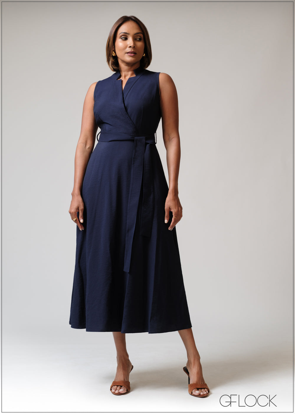 Notch Neck Belted Midi Dress - 230625