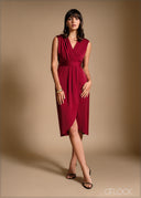 Petal hem v neck pleat detail midi dress