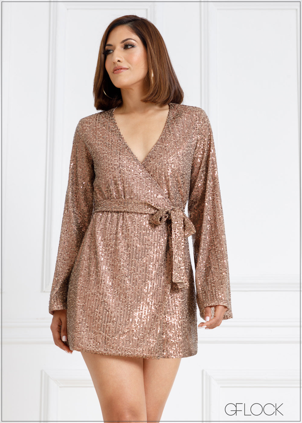 Flared Sleeves Sequin Tie-Up Mini Dress - 221223