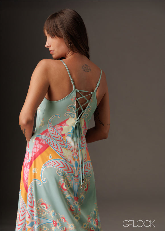 Flowy vibrant printed V-neck maxi slip dress
