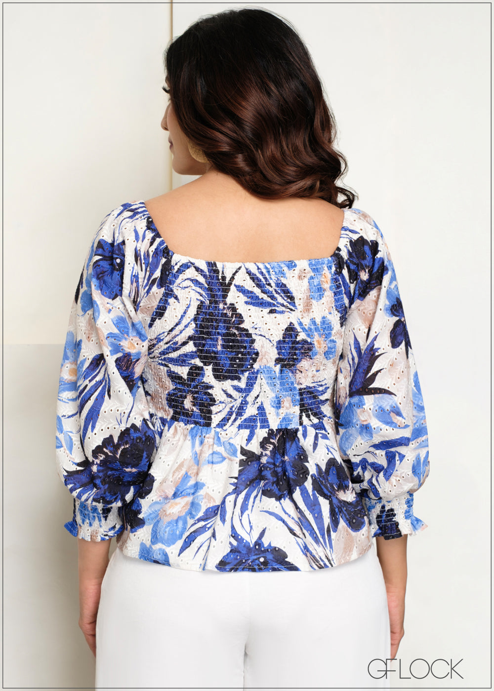 Smocking Detail Printed Embroidery Top - 140625