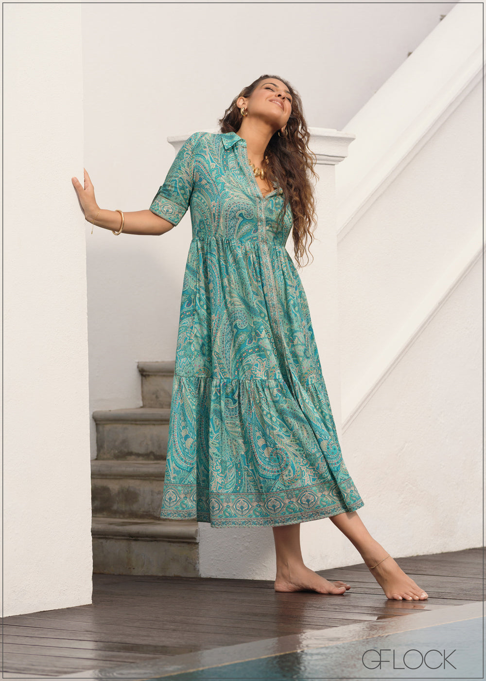 Aqua Printed Midi Shirt Dress - 231125