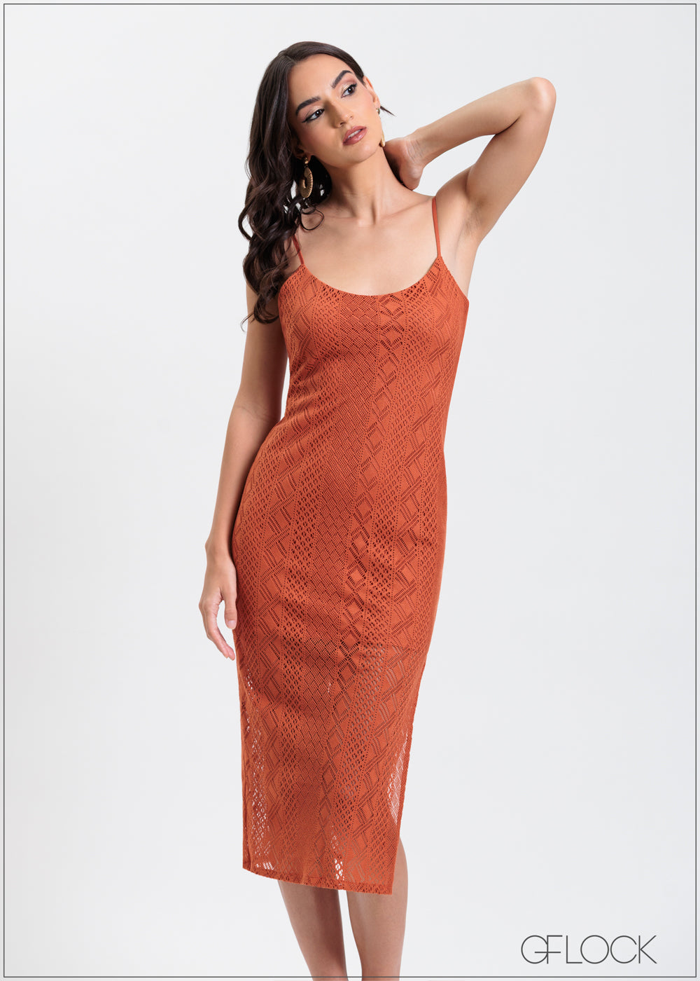 Curved Neck Midi Lace Dress - 310325