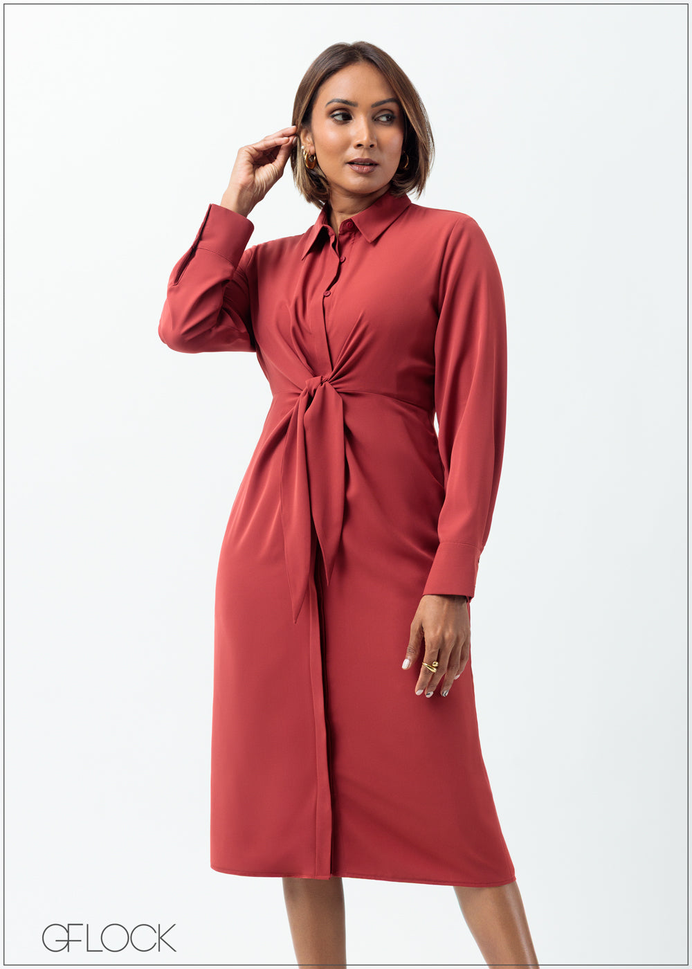 Button Down Wrap Detailed Midi Dress - 160625