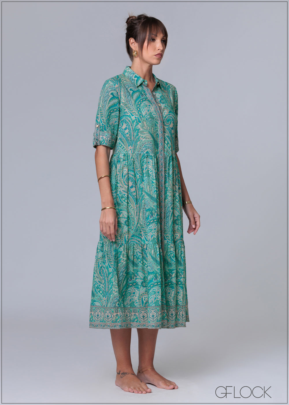 Aqua Printed Midi Shirt Dress - 231125