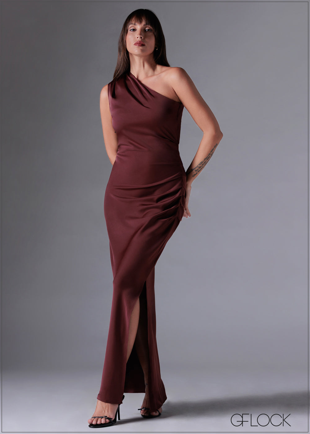 One Shoulder Pleated Midi Dress - 211225C