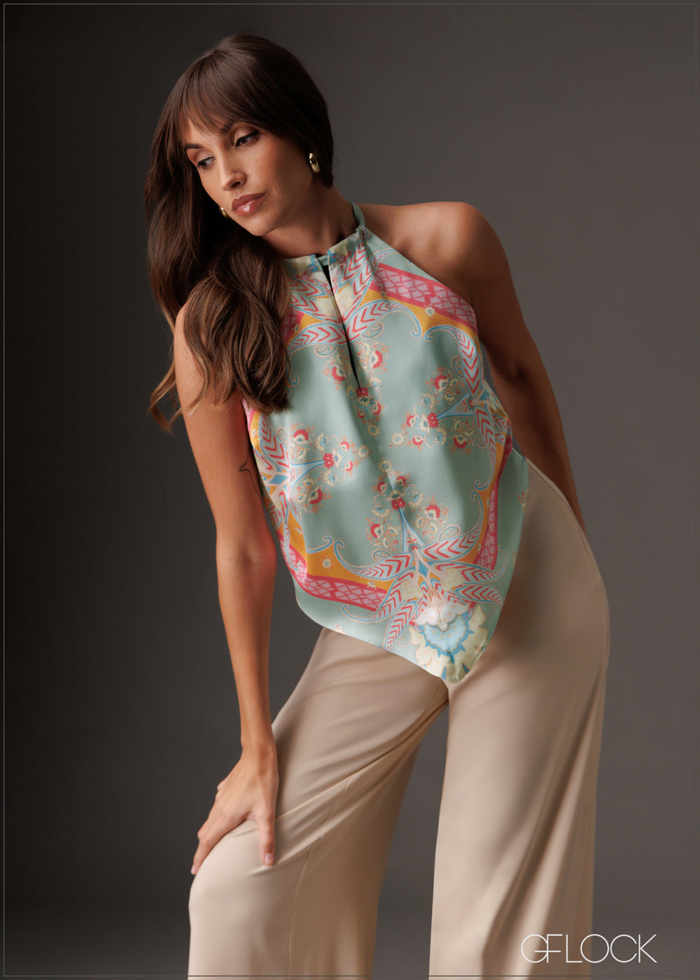 Chic halter neck top with a vibrant print