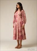 Printed Puff Sleeve Midi Dress - 300626