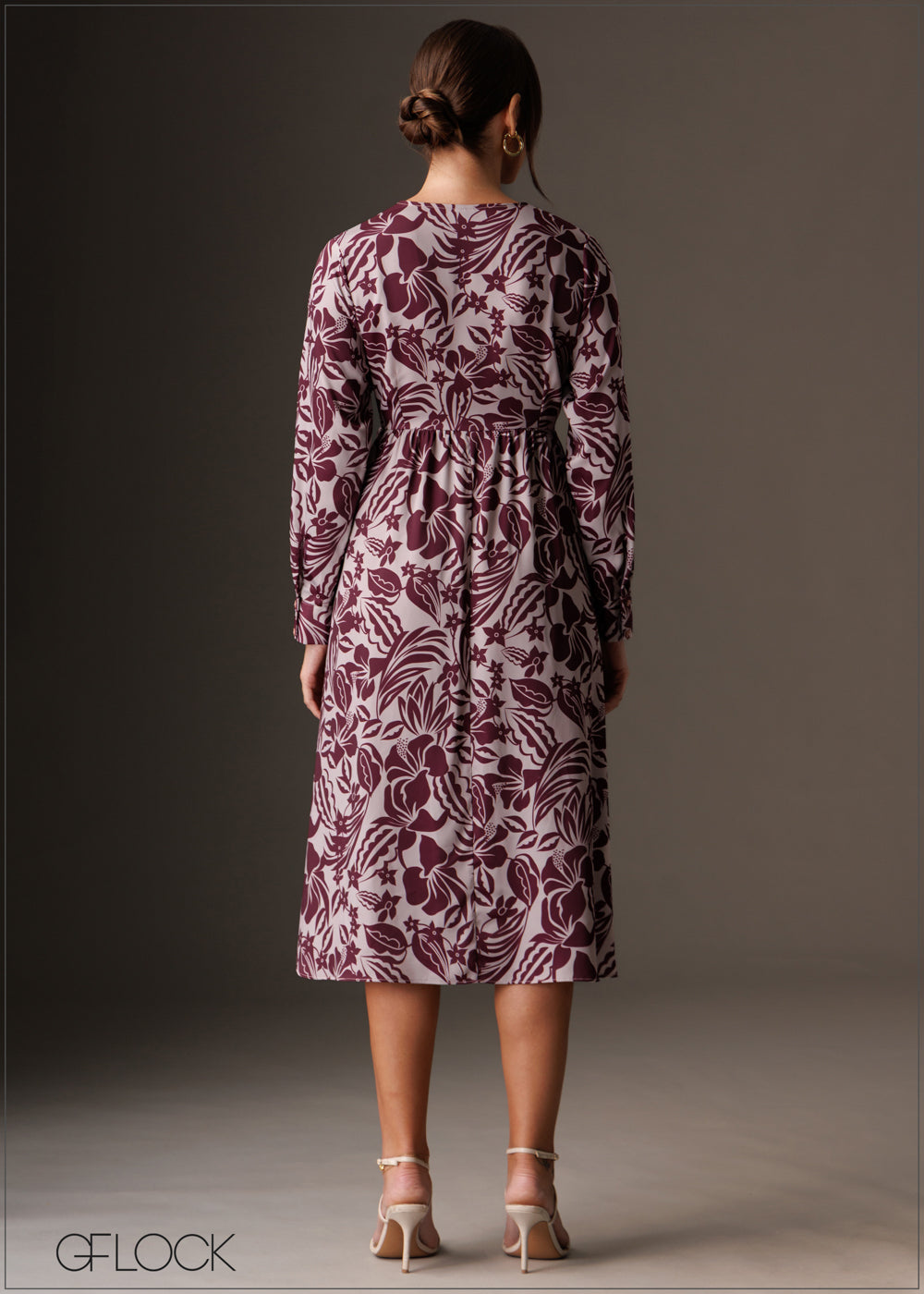 Printed v neck long sleeve satin midi dress