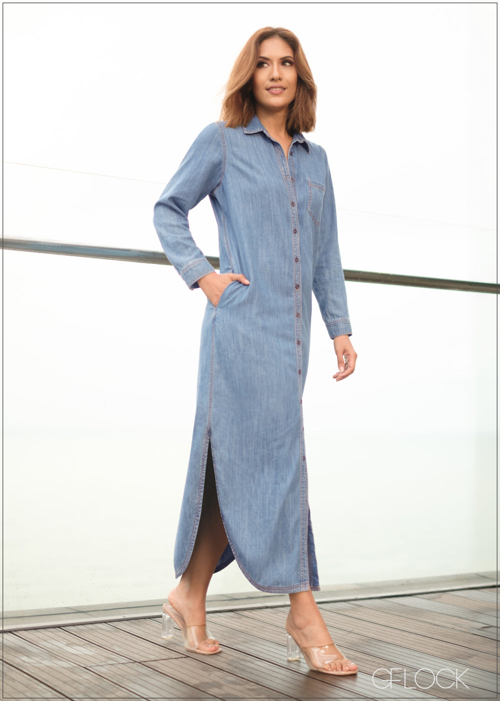 Color Navy Blue Denim Dress Denim Maxi Side Slit Shirt Dress 080624 Color Navy Blue Denim Dress Denim Maxi Side Slit Shirt Dress 080624
