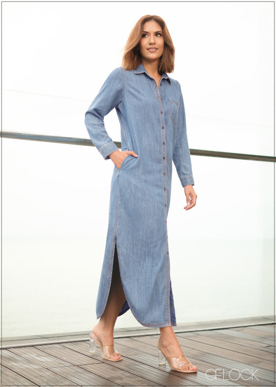 Denim Maxi Side Slit Shirt Dress - 080624