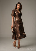 V-Neck Puff Sleeve Midi Dress - 051225