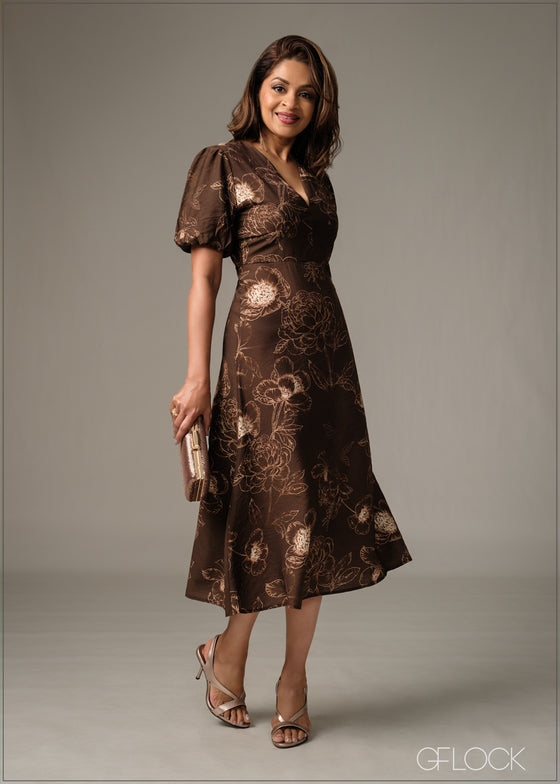 V-Neck Puff Sleeve Midi Dress - 051225