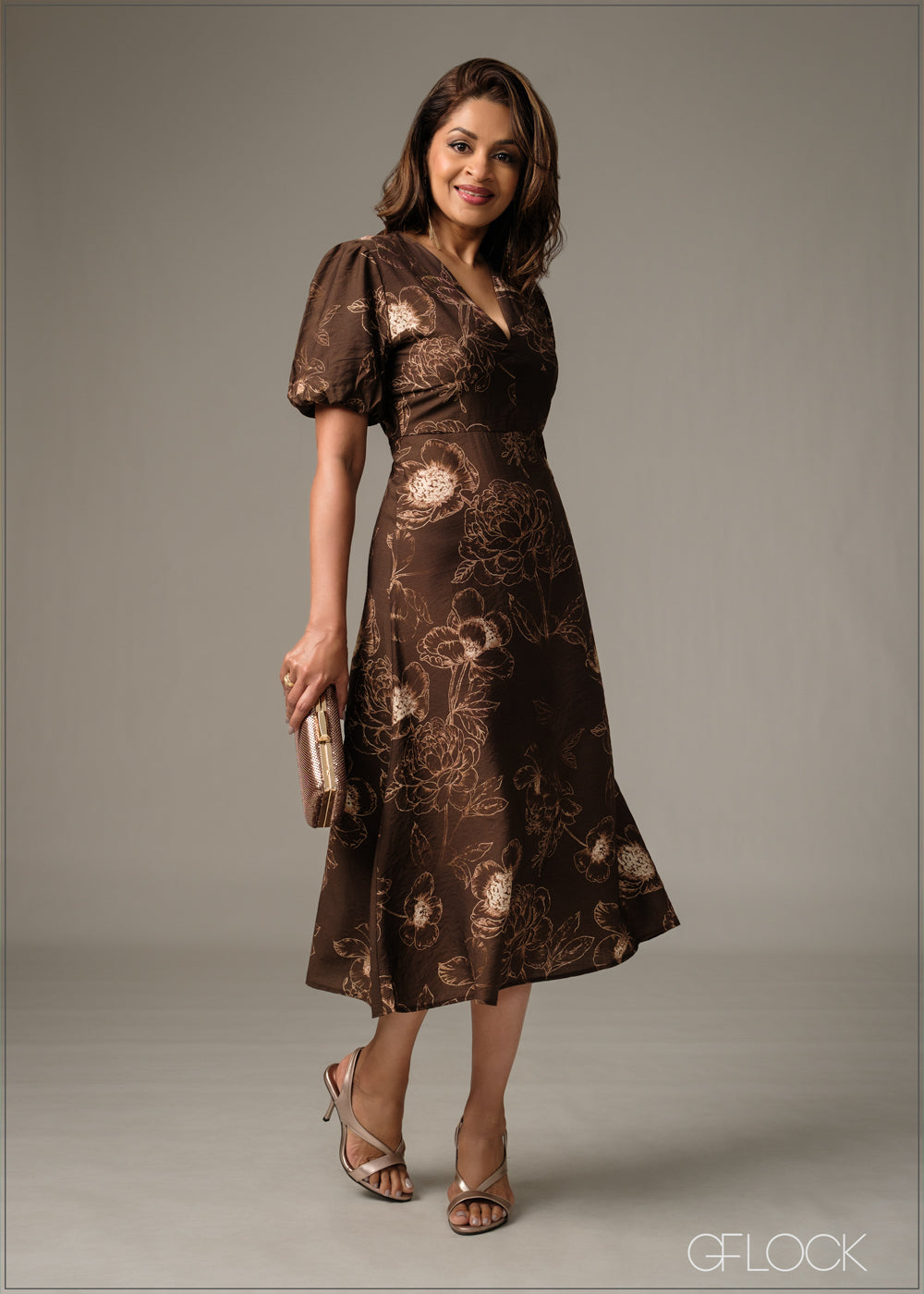 V-Neck Puff Sleeve Midi Dress - 051225