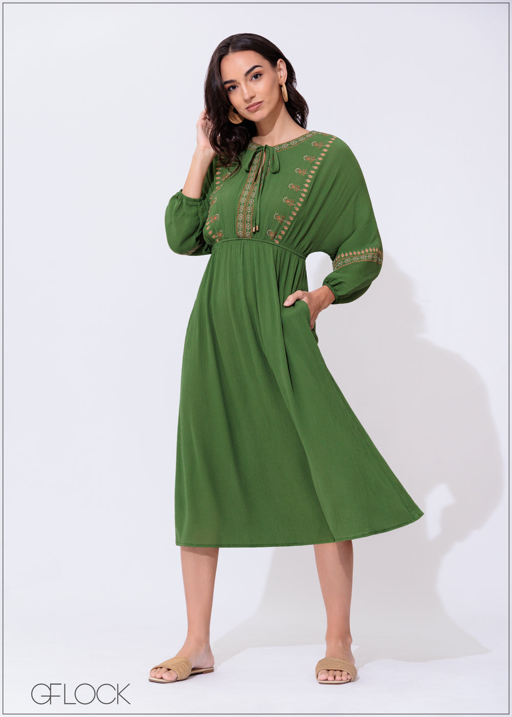 Embroidery Midi Dress - 300425