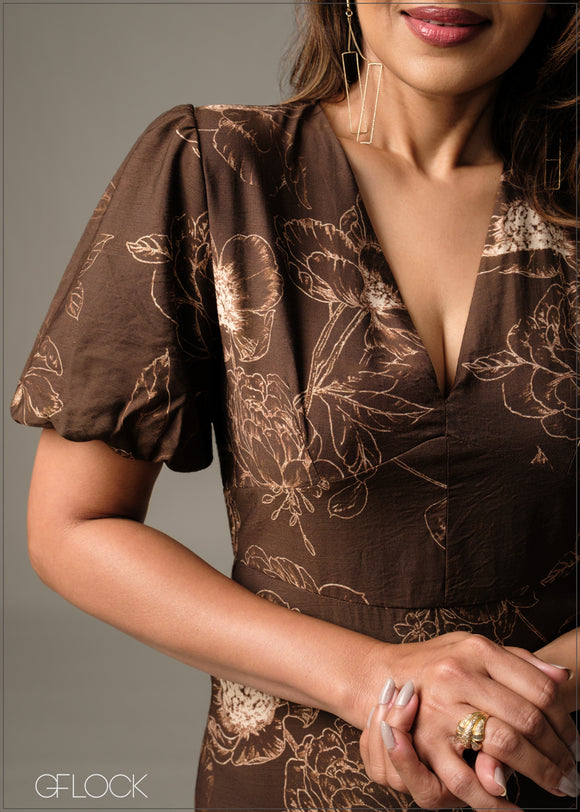 V-Neck Puff Sleeve Midi Dress - 051225