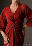 Twisted front knot detailed puff sleeve midi dress