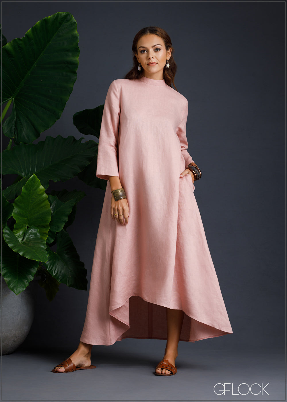 100% Genuine Linen High-Low Hem Dress - 080124