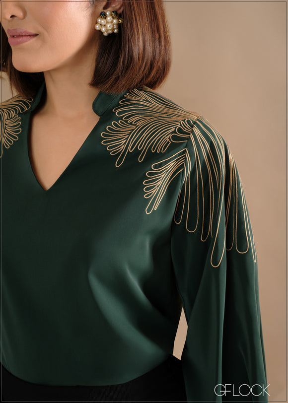 Balloon Sleeves Embroidery Detailed Top - 140324