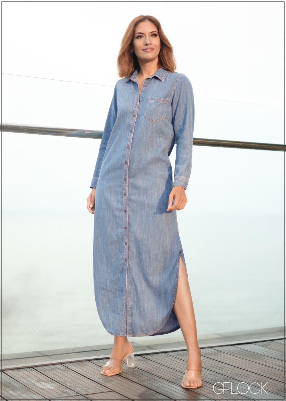 Denim Maxi Side Slit Shirt Dress - 080624