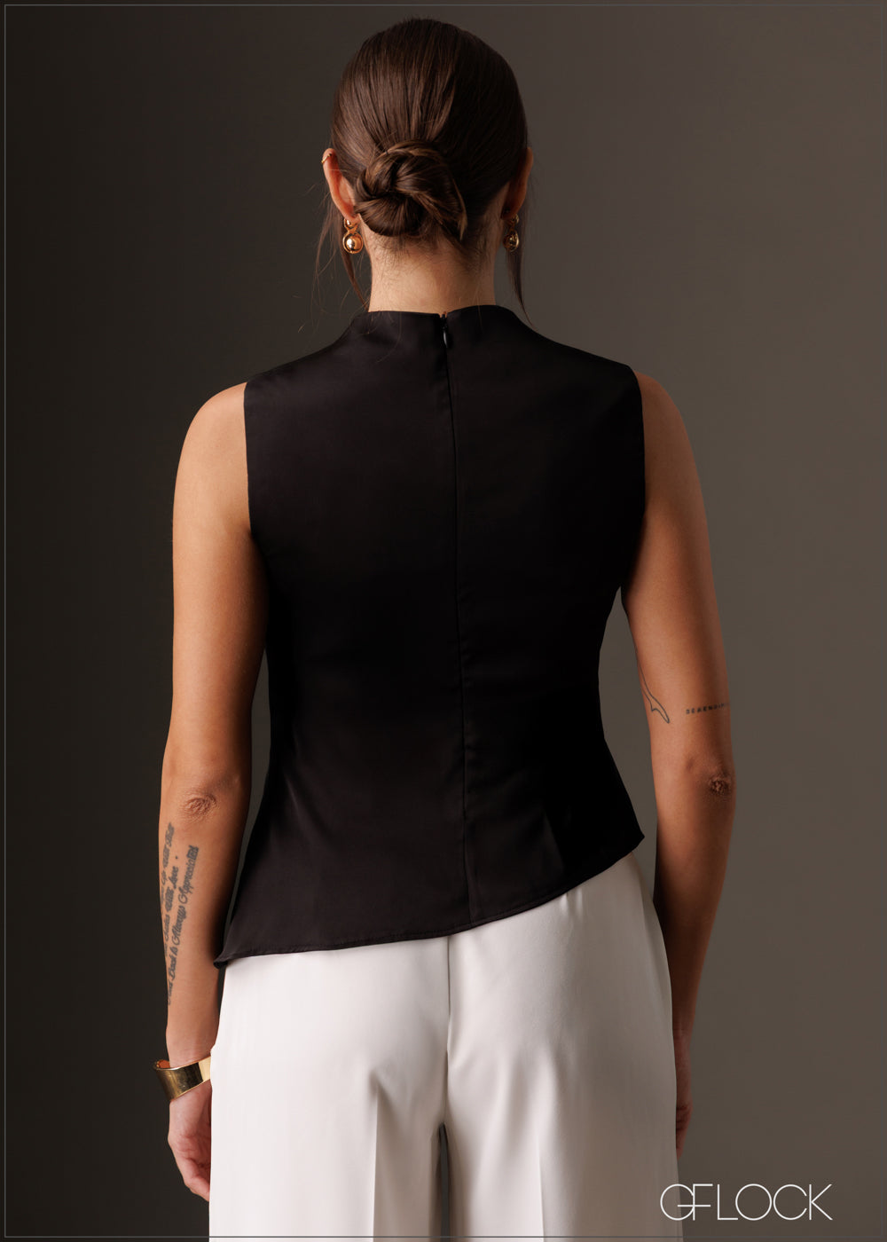 High neck pleat detailed satin top